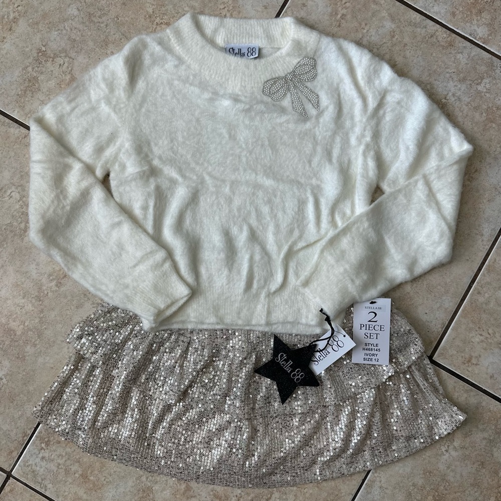 Stella 88 Girls 2-Piece Pearl Bow Sweater & Sequin Skirt Set In Ivory Size 12